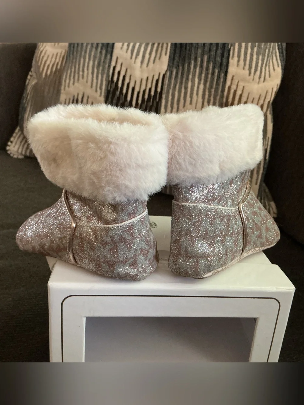 Michael Kors Glitter Baby Booties with Pink Faux Fur Cuff